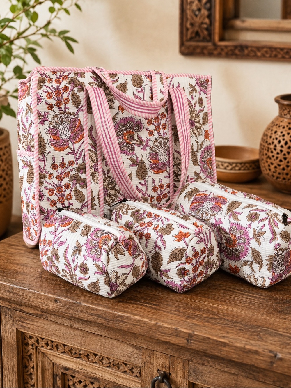 Floral Quilted Tote and Pouch Set - Pink